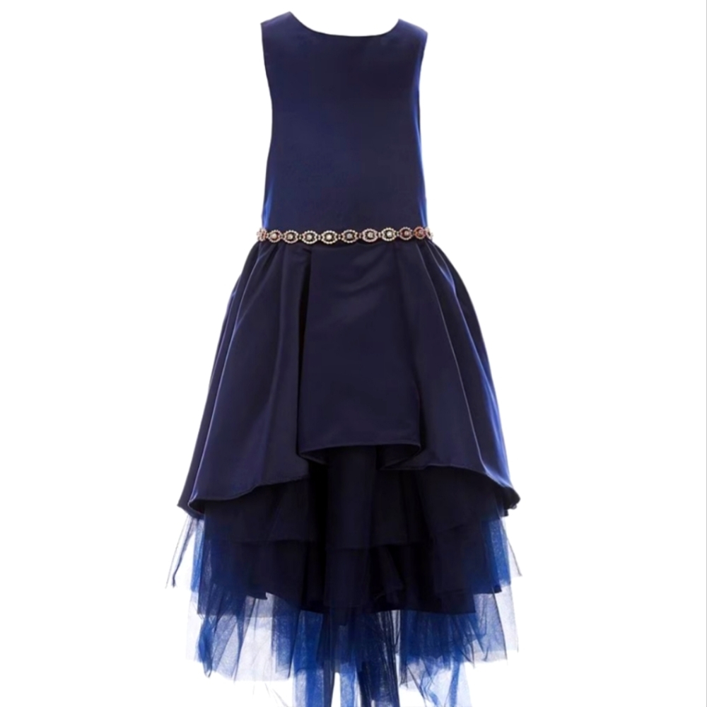 NWT Big Girls Sleeveless Satin/Mesh Tiered High-Low-Hem Ballgown sz 14